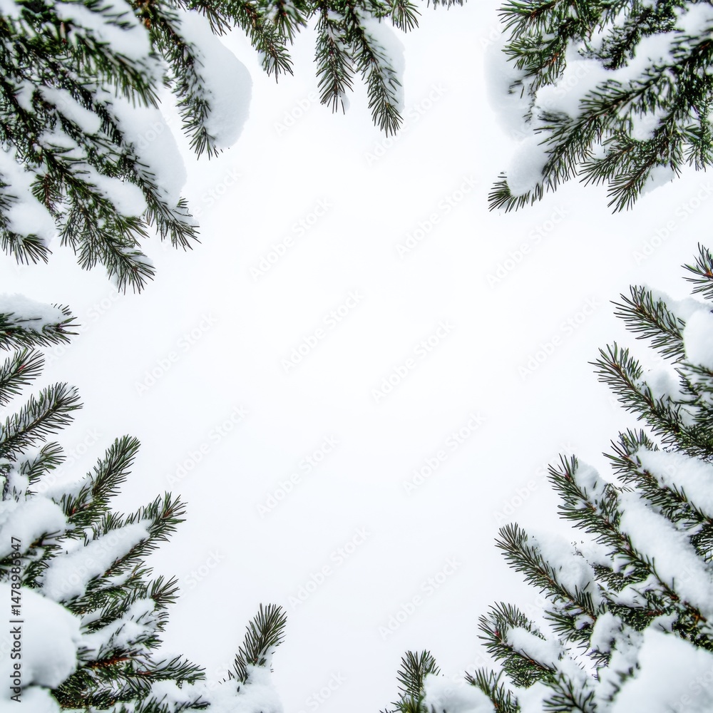Poster snowy evergreen branches framing white space winter scene low angle view for text overlay or design 