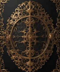 Black background, gold ornate filigree, subtle metallic highlights, metal, luxury