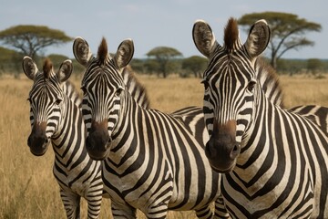 Fototapeta premium Zebras standing in African savanna.