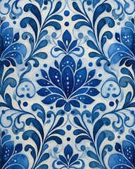 Damask Wall Watercolor Intricate blue floral pattern design perfect for backgrounds and decorative use.
