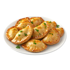 High-angle view of several golden, baked pastries, arranged neatly on a white plate.  They appear crispy and freshly made.