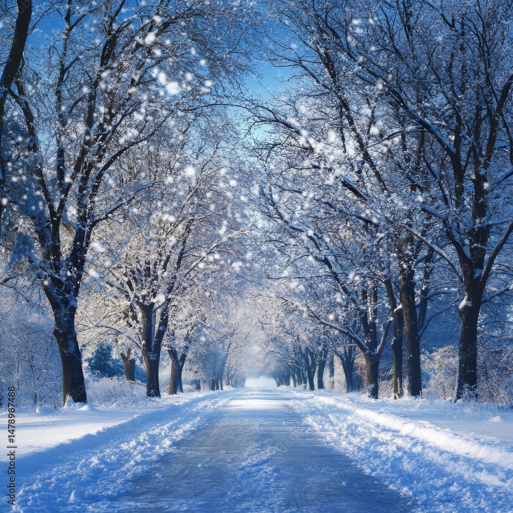 Poster snowy road leading through a winter wonderland perspective view of a tree lined path in a cold weath