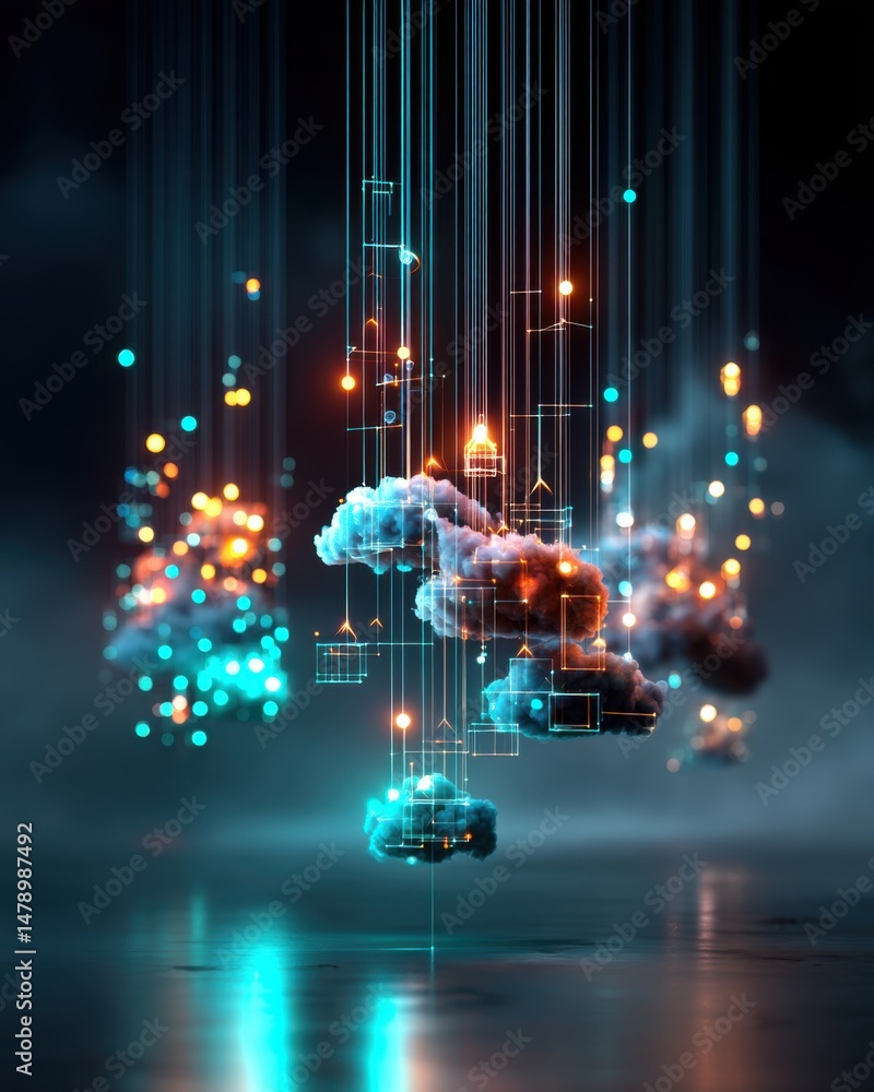 Poster abstract cloud computing network with glowing lines and dark background