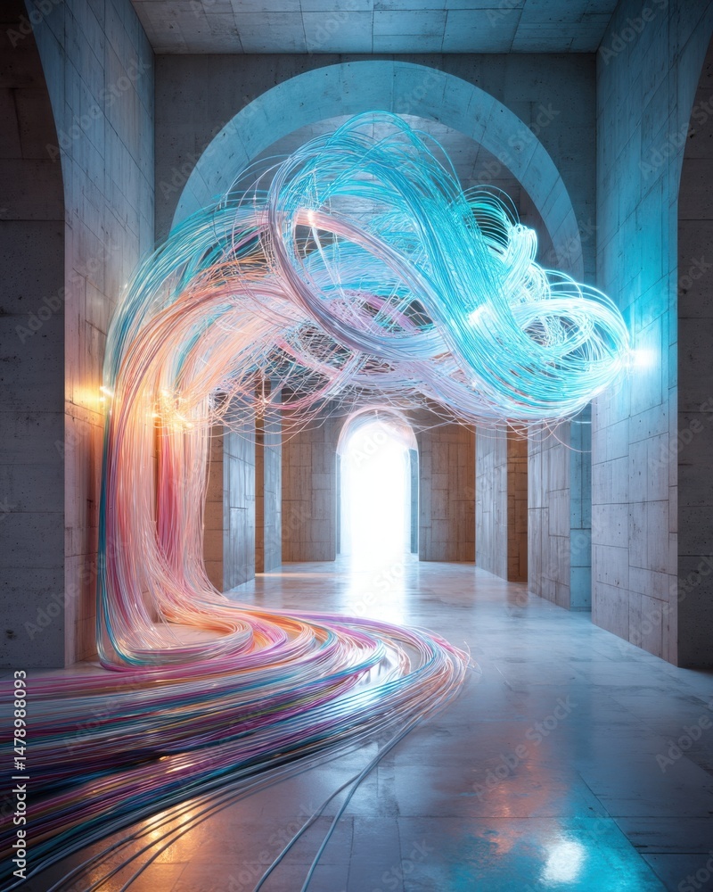 Poster abstract data flow through archway hallway