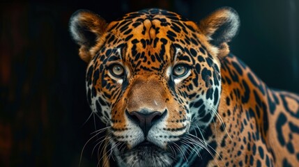 Fototapeta premium Close-up of a jaguar's face, showing its distinct spotted pattern, keen eyes, and powerful presence