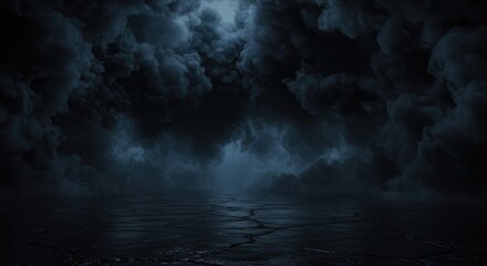Cracked asphalt under moonlit blue sky, black fog and dark clouds create an eerie, suspenseful nighttime scene.
