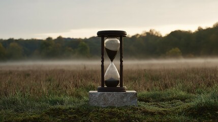 Timepiece situated in a misty field.