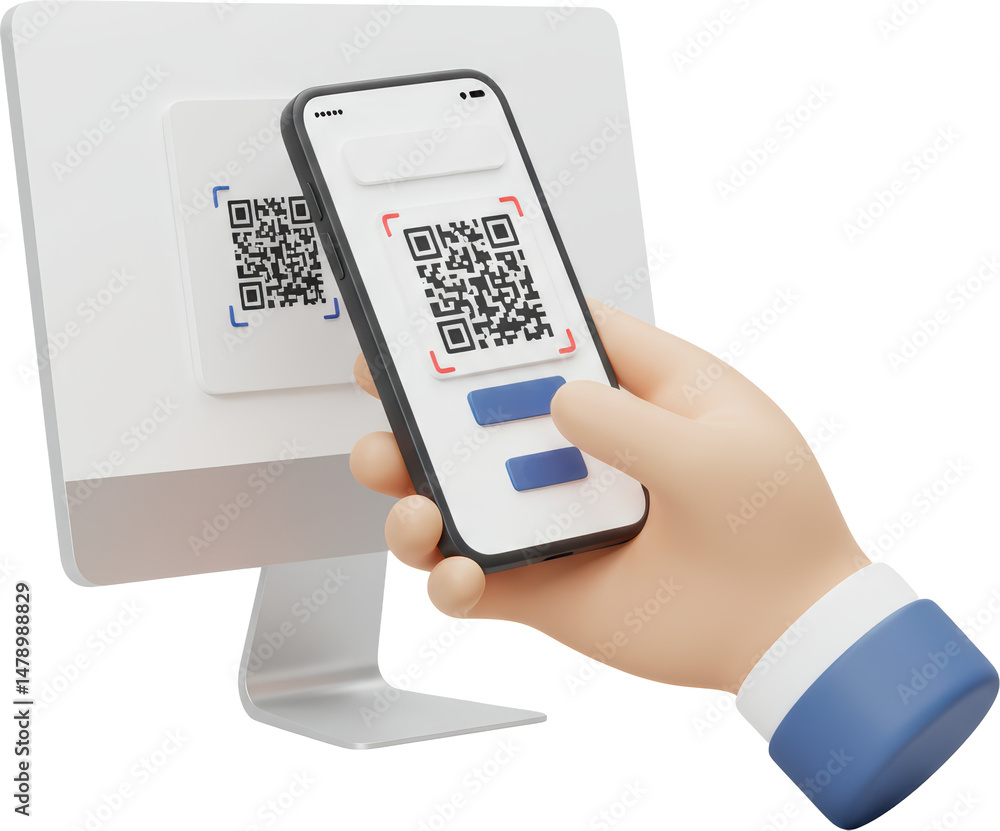 Aufkleber smartphone scanning qr code on computer screen digital payment online transaction mobile technology