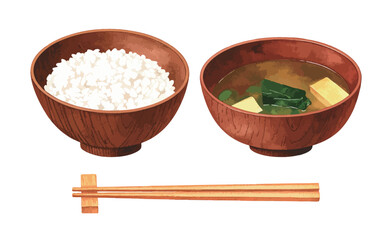 白米とお味噌汁、お箸の水彩風イラストセット　生成AI