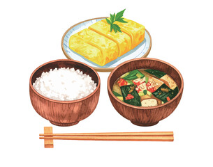 水彩風の日本の朝食イラスト　生成AI
