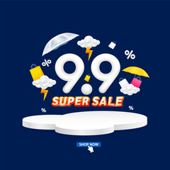Monsoon super sale 9.9 with yellow thunder sign on clouds. Shopping under umbrella in rain. Special offer sale campaign or promotion. For social media and blank product rainbow podium scene. Vector.