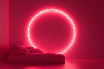 Modern bedroom interior featuring a glowing neon circle above a plush bed in a monochromatic red environment