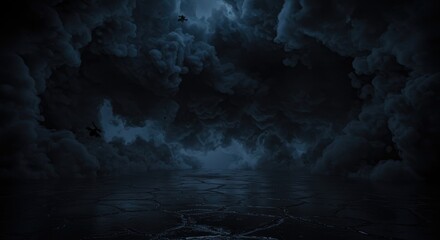 Cracked asphalt under moonlit blue sky, black fog and dark clouds create an eerie, suspenseful nighttime scene.
