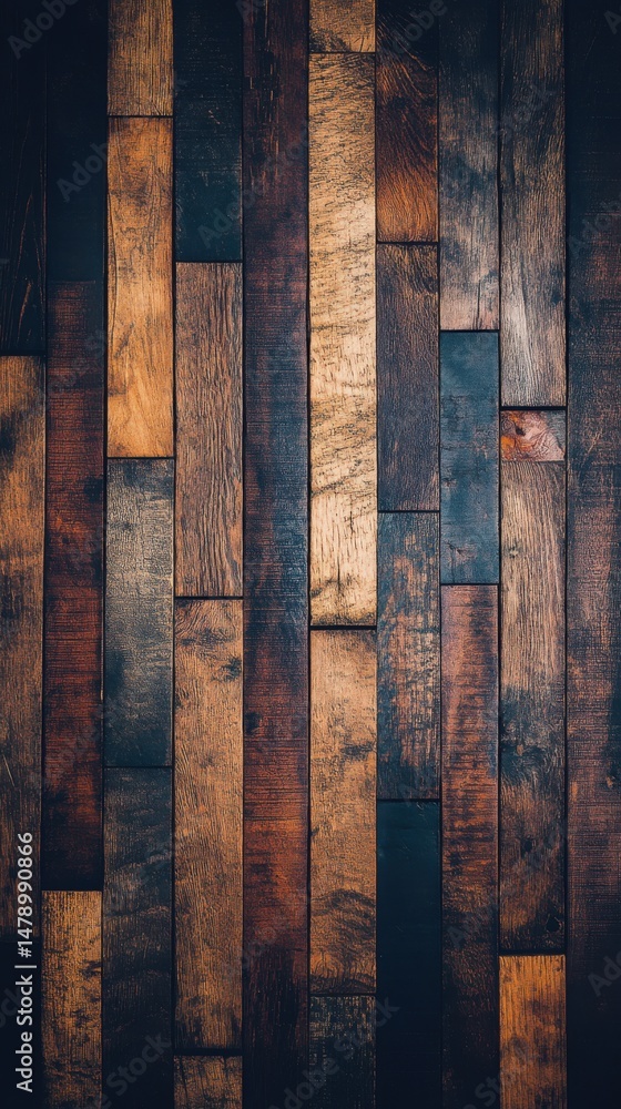 Poster dark wood planks arranged vertically in a wall pattern overhead shot for background texture and desi
