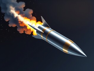 Fototapeta premium Futuristic rocket blasting off into space with bright flames and a sleek metallic design, symbolizing innovation, exploration, and modern aerospace technology