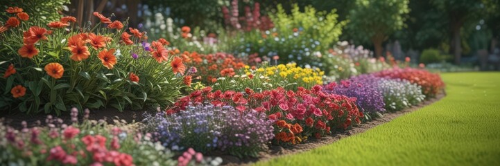 Vibrant summer blooms being planted in a lush garden bed ,  summertime,  planting,  plants