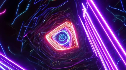 Glowing neon triangle spinning inside futuristic tunnel with laser lines and reflections. Concept of cyber world and digital movement - Powered by Adobe