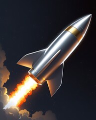 Futuristic rocket blasting off into space with bright flames and a sleek metallic design, symbolizing innovation, exploration, and modern aerospace technology

