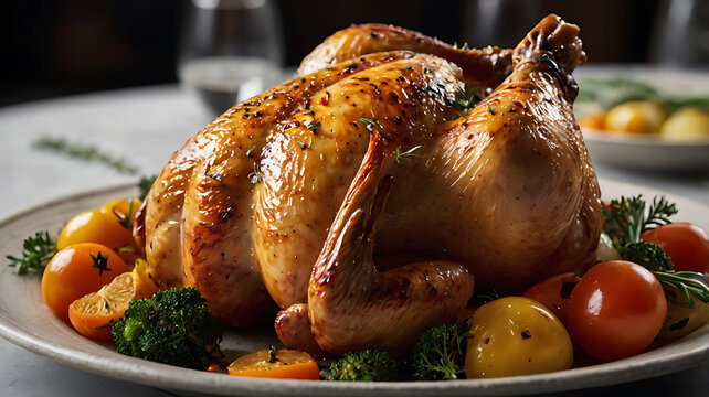 Delicious roasted chicken with vegetables on a plate, ready for a tasty meal.
