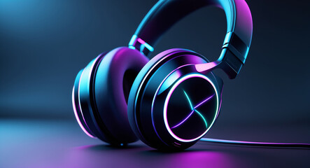 Neon Headphones: An up-close shot of sleek, high-fidelity headphones glows with neon accents against a modern dark backdrop, perfect for audio enthusiasts. 