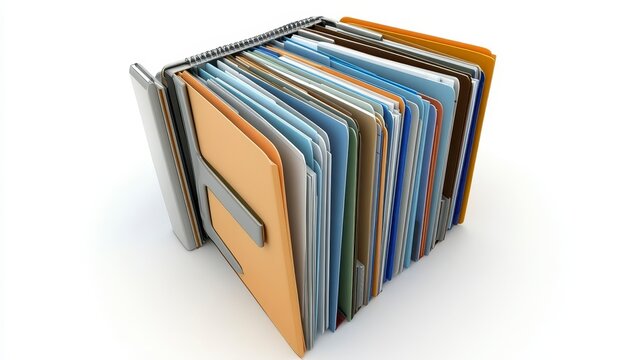 Stack of colorful files in a metallic binder, isolated on white background.