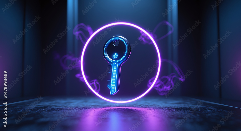 Poster digital key: a glowing key is encapsulated within a neon-lit circle, casting a blue radiance and enh