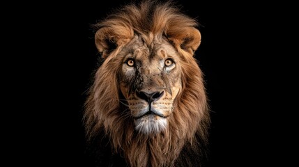 Fototapeta premium A majestic lion with a thick mane stares intensely at the camera