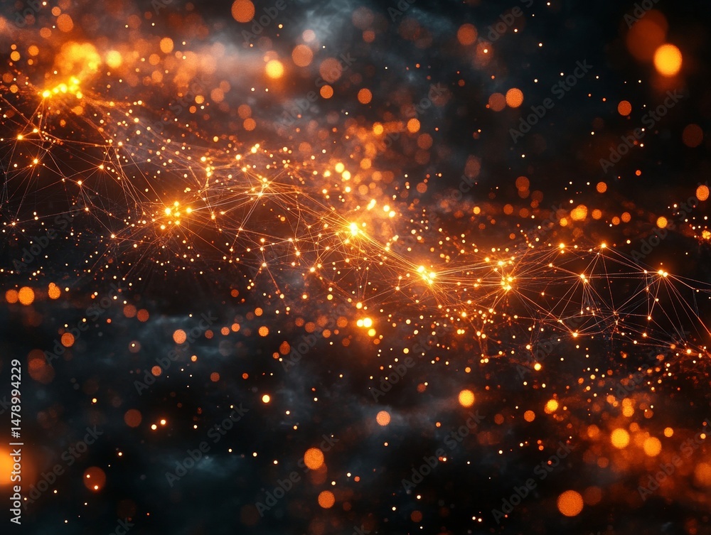 Aufkleber glow network: abstract digital network with connected glowing nodes amidst dark fog, evoking artific