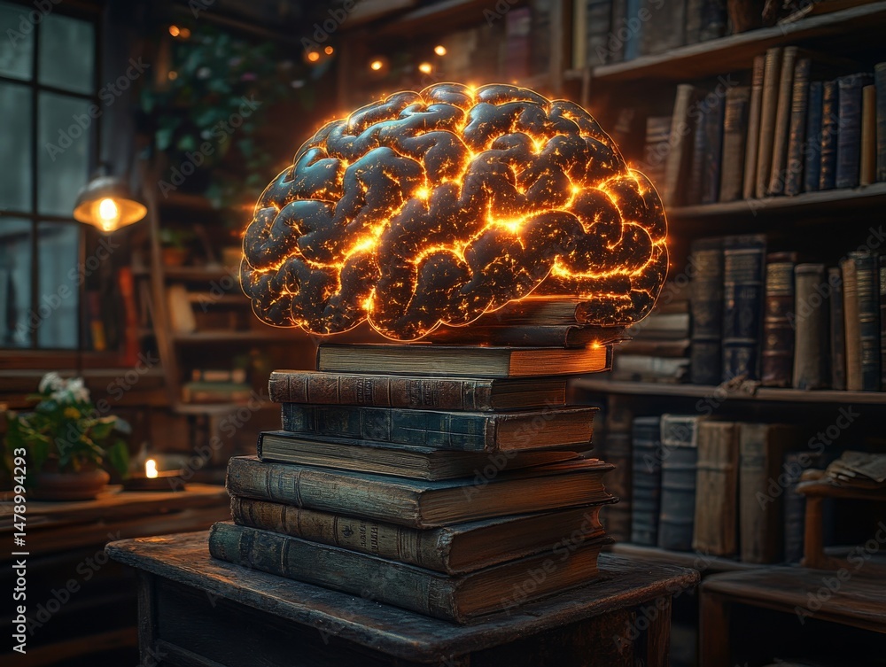 Poster igniting knowledge: a fiery brain power rests atop a stack of antique books in a mystical library se