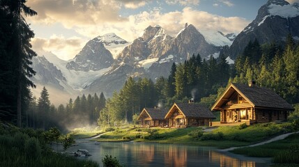 Fototapeta premium Cozy wooden lodges in the mountains.