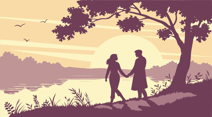 Silhouette of Couple Holding Hands by a Lake at Sunset – Romantic Scene with Reflections