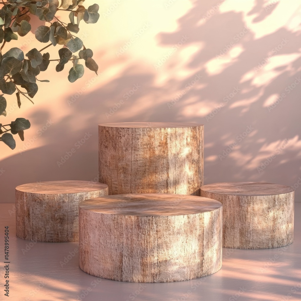 Poster four wooden podiums displaying product in studio with eucalyptus leaves and shadow overlay in soft l