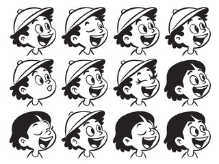Obraz premium Joyful Kids Faces – Black and White Cartoon Illustrations of Happy Children