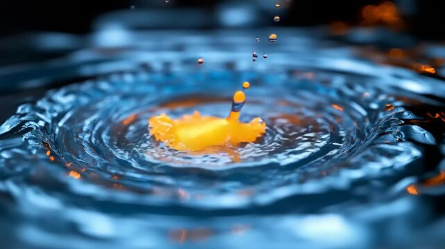 Vibrant orange object impacting calm blue water, creating concentric ripples and splashes
