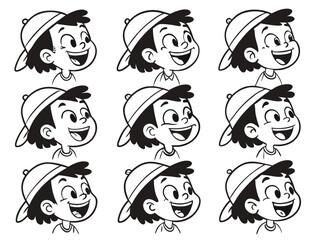 Joyful Kids Faces – Black and White Cartoon Illustrations of Happy Children