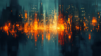 Fototapeta premium Urban night blur: abstract cityscape with motion and light. [Mirrored Realms] | Shimmer Path | light distortion. Illustration