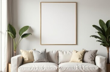 Mock up of a couch and a picture frame, sunny room, beige, minimalistic aesthetic