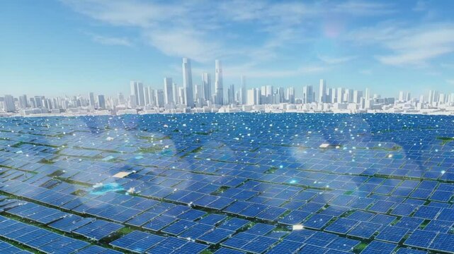 solar panels with cityscape in the background 