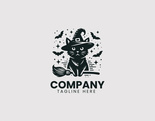 Fototapeta premium Charming Cat Wearing Witch Hat with Broom Illustration Vector Logo Design, Cute Cat in Witch Hat Riding Broomstick Vector Logo