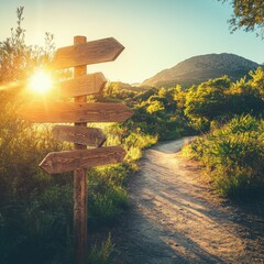 Wooden signpost showing directions along a hiking trail at sunset in a mountain landscape nature scene