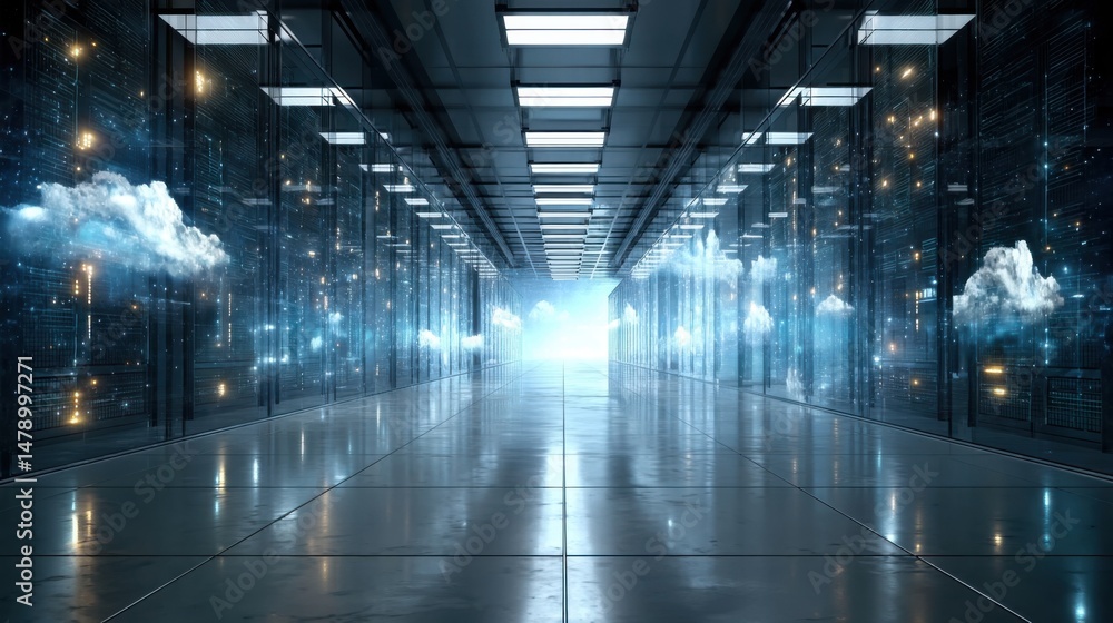 Poster futuristic server room corridor with cloud computing elements