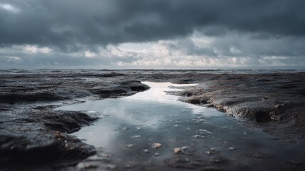 Fototapeta premium Moody seashore landscape with dark clouds and tide pools creating a dramatic scenic view after the rain on a gloomy day