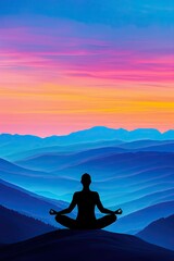 Serene Silhouette of a Meditating Figure Against a Vibrant Sunset Over Rolling Mountainous Landscape Evoking Tranquility and Inner Peace in Nature's Embrace
