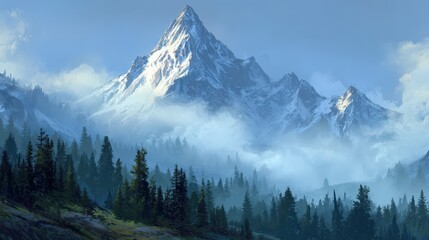 Majestic Snow Capped Mountains Dominate a Landscape of Pine Forest and Mist creating a Scenic Wilderness Image