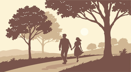Minimalist Silhouette of Couple Walking Hand in Hand on Tree-Lined Path at Sunset – Romantic and Peaceful Scene
