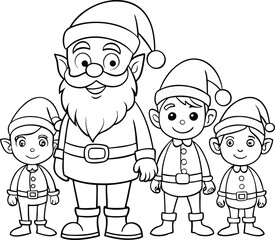Santa and Elves Line Art Vector.