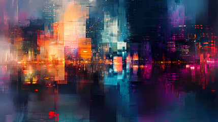 Obraz premium Urban night blur: abstract cityscape with motion and light. [Mirrored Realms] | Shimmer Path | light distortion. Illustration