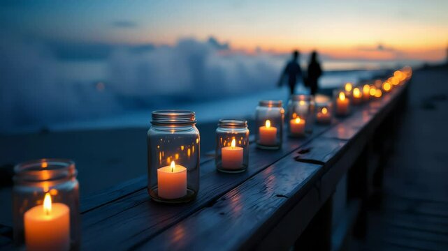 Glass jar candles glowing softly on wooden pier by the sea with couple walking in background. Concept of romance and calm coastal evening