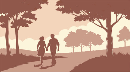 Minimalist Silhouette of Couple Walking Hand in Hand on Path at Sunset – Romantic Scene
