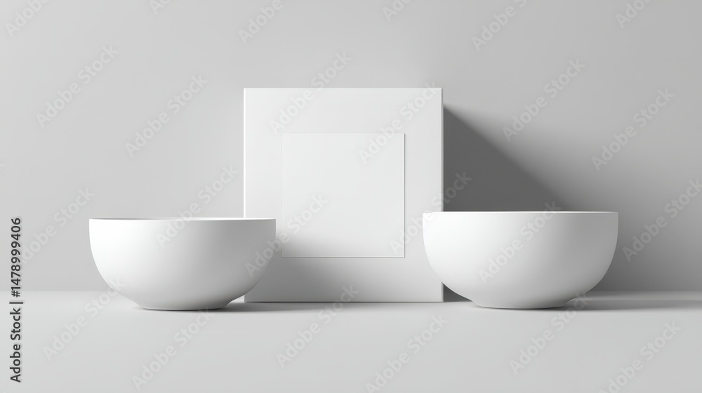 Poster minimalist product display two white bowls and a blank box on a light gray background perfect for mo